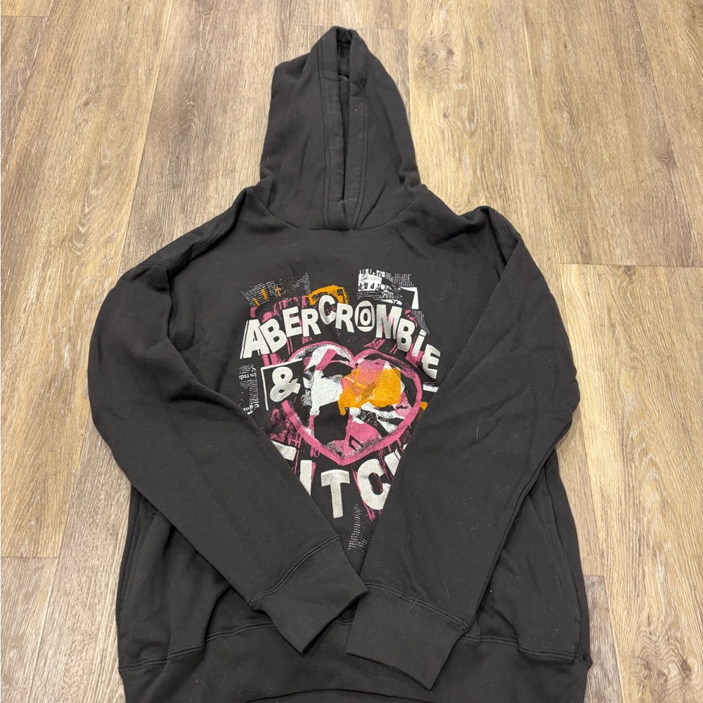 abercrombie kids Black Hoodie with Pink Heart and Orange Accent Graphic